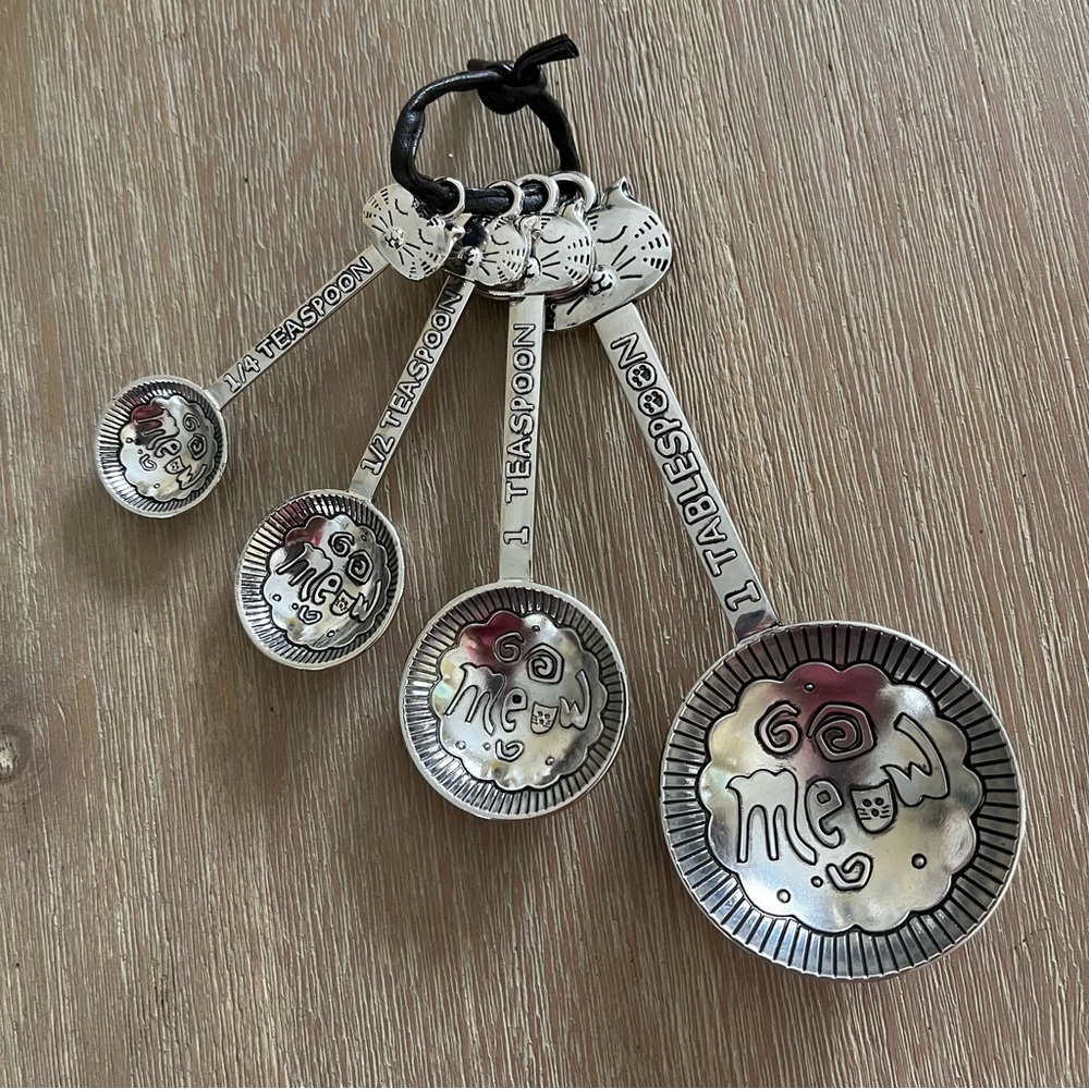 Ganz Silver Metal Go Meow Kitty Measuring Spoons Set of 4 on a Leather Tie
